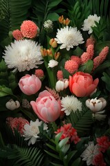 Obraz premium Colorful Floral Arrangement with Tropical Greenery and Blossoms