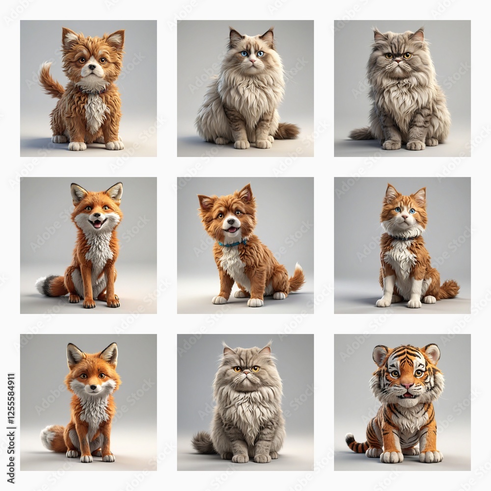 Poster nine portraits of adorable animals are arranged in a grid. fluffy cats, foxes, and a tiger pose in a