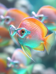 Colorful tropical fish wearing glasses underwater in a vibrant ocean scene