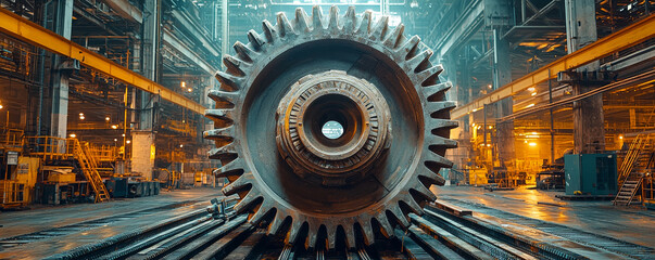 Gear System. large industrial gear in spacious factory setting