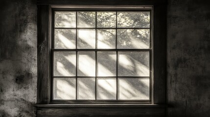 Obraz premium A rustic wooden window with a visor, casting soft, elongated shadows across the worn farmhouse wall, giving a vintage, timeless feel