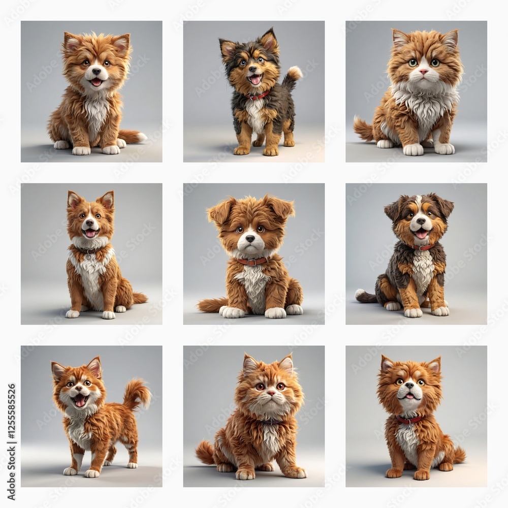 Poster Nine fluffy, cute puppies are displayed in a grid. Each puppy has a unique pose and color, all are adorable and facing forward. They are small and expressive.