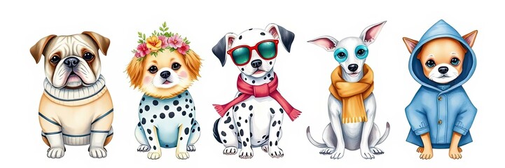 Adorable Cartoon Dogs in Sweaters Coats Accessories Bulldog Dalmatian Pekingese Chihuahua