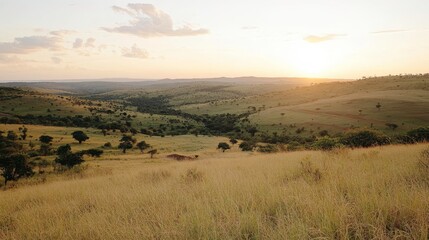 Obraz premium Stunning sunset over rolling hills nature landscape serengeti region tranquil environment wide angle view