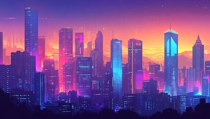Neon Cityscape at Sunset