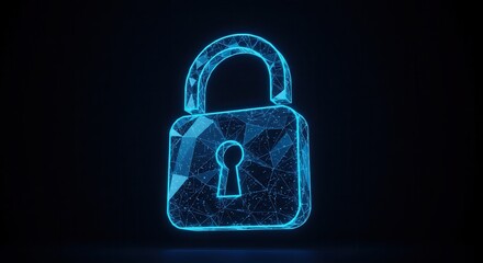 Digital glowing padlock icon surrounded by polygonal network connections on a dark blue backdrop. Modern cybersecurity concept. 3D Rendering