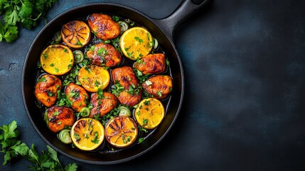 Crispy orange glazed chicken pieces in a cast iron skillet, garnished with sliced oranges and green onions, served on a dark gray background. The