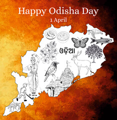 A vibrant graphic celebrating Odisha Day also known as Utkala Dibasa, on April 1st with a stylized map featuring icons representing the state's identity. The inscription is translated to Odia.