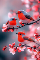 A crisp nature shot featuring four dazzling birds perched in unison on a branch, surrounded by