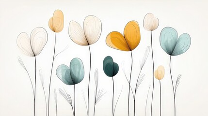 Abstract Floral Design with Colorful Blooms and Delicate Stems in Soft Pastel Tones