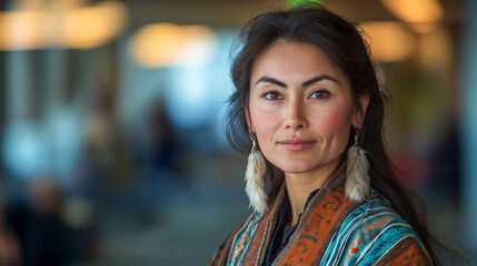 A portrait of a woman with striking features, wearing feathered earrings and a patterned shawl, set in a soft, blurry background.
