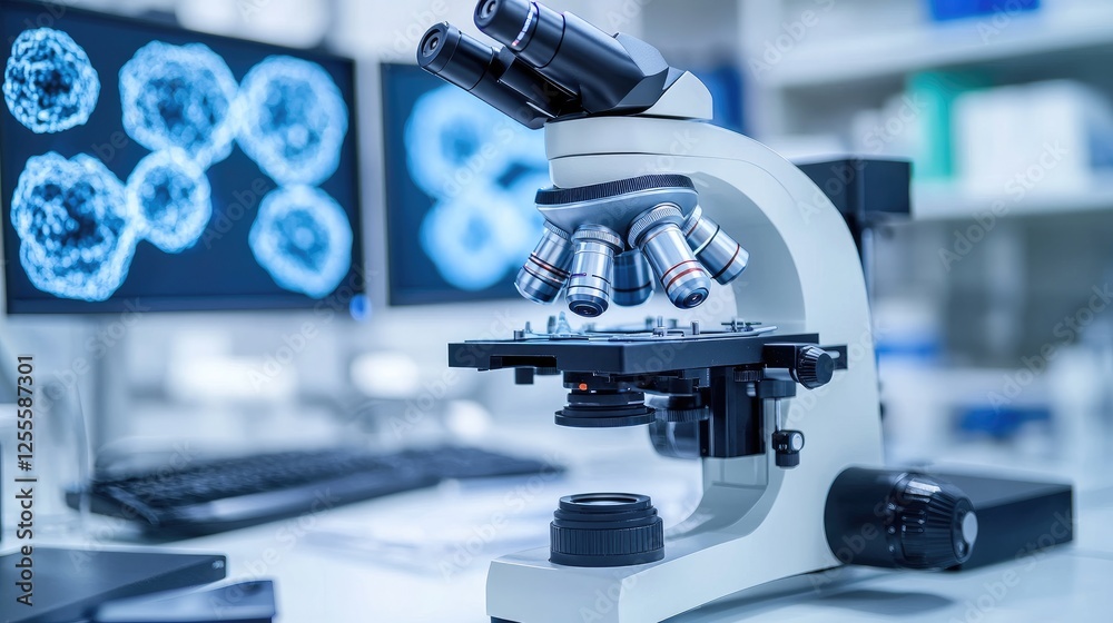 Poster A scientific microscope focused on nanotech samples, with digital data monitors displaying intricate molecular structures in a sterile lab setting