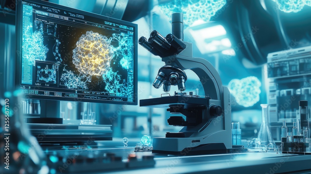 Poster A scientific microscope focused on nanotech samples, with digital data monitors displaying intricate molecular structures in a sterile lab setting