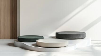 A minimalist abstract podium with floating elements and a clean, neutral background