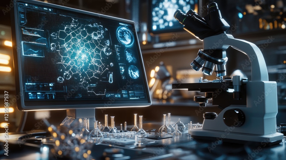 Poster a scientific microscope zooming in on nanotech samples, with digital data screens displaying molecul