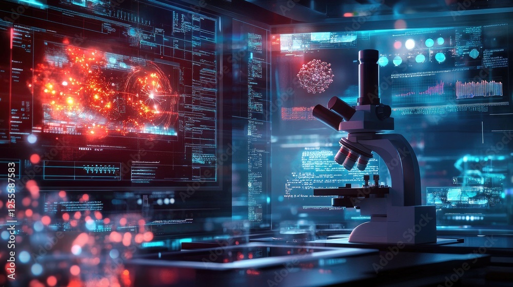 Poster A scientific microscope zooming in on nanotech samples, with digital data screens displaying molecular structures, set in a modern laboratory