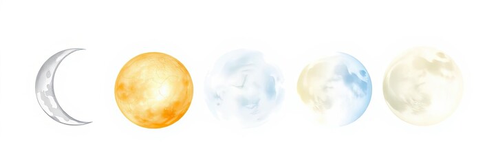 Celestial Phases Crescent Moon Sun Earth Cloudy Planet Full Moon Illustration