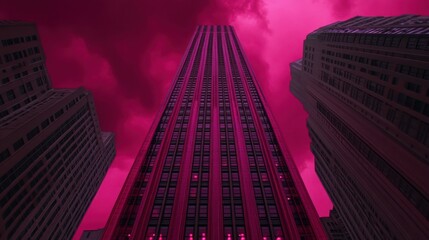 Fototapeta premium Pink Cityscape: Skyscrapers under a Crimson Sky