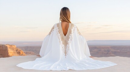 Woman in white dress meditating on canyon edge at sunset