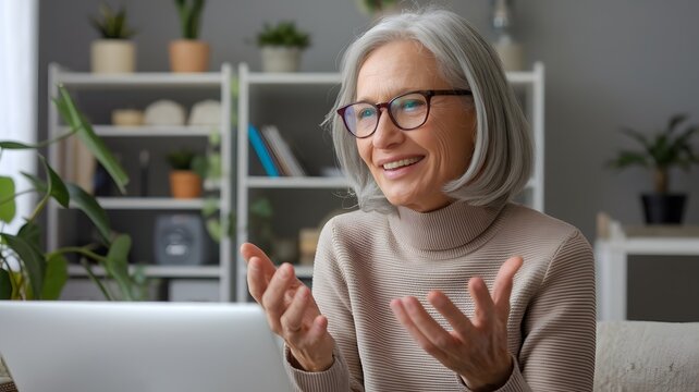 Smiling Senior Woman Video Conference Call Happy Mature Female Gesturing Online Meeting Modern Technology Laptop Screen Communication Digital Lifestyle Remote Work Home Office Cozy Atmosphere Positive