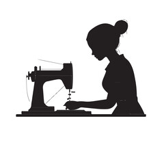 Silhouette of a Woman Sewing with a Sewing Machine - Vector Illustration