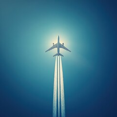 Airplane flying high in the sky, leaving a trail of vapor behind