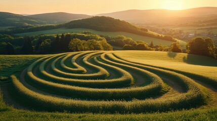 Serene sunset labyrinth rolling hills nature photography rural landscape wide angle tranquility and reflection
