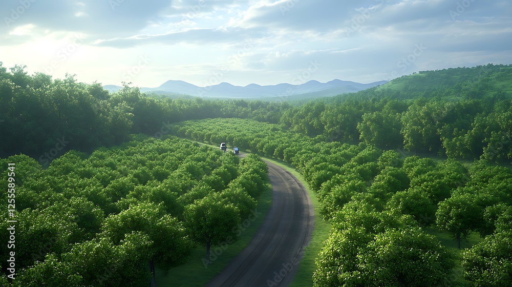 Aufkleber a scenic view of a winding road through lush green fields and distant mountains under a cloudy sky.