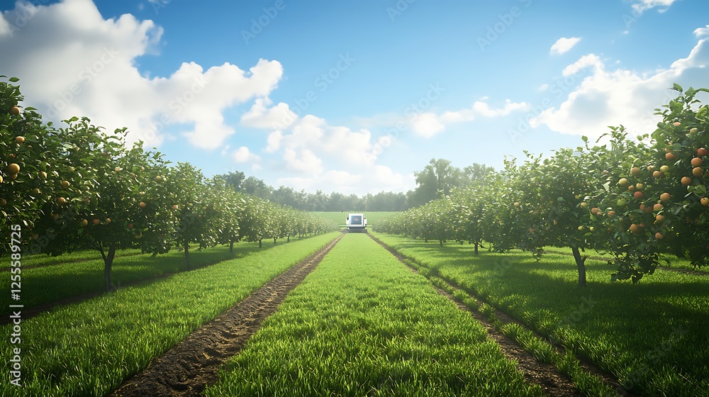 Poster lush orchard landscape with rows of trees under a bright blue sky, inviting and serene atmosphere.