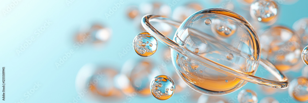 Poster An abstract 3D representation of an atom, where clear glass orbits and hovering spheres catch