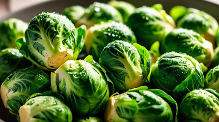 Fototapeta premium Close up macro photography of Brussels sprouts washed with dewy droplets of water on the leaves. 