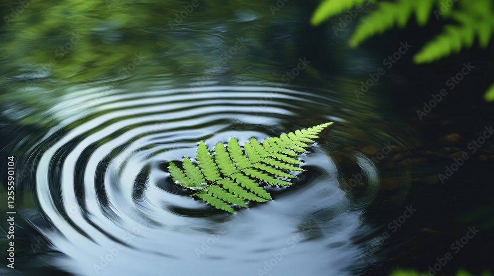 Poster a serene and tranquil pond scene with a green fern leaf floating gently on the water, surrounded by 