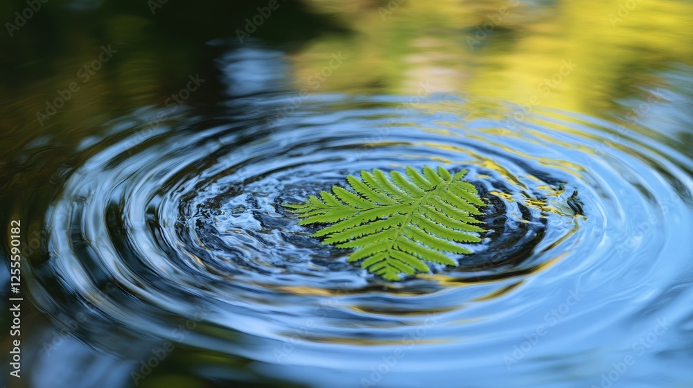 Poster a serene and tranquil pond scene with a green fern leaf floating gently on the water, surrounded by 