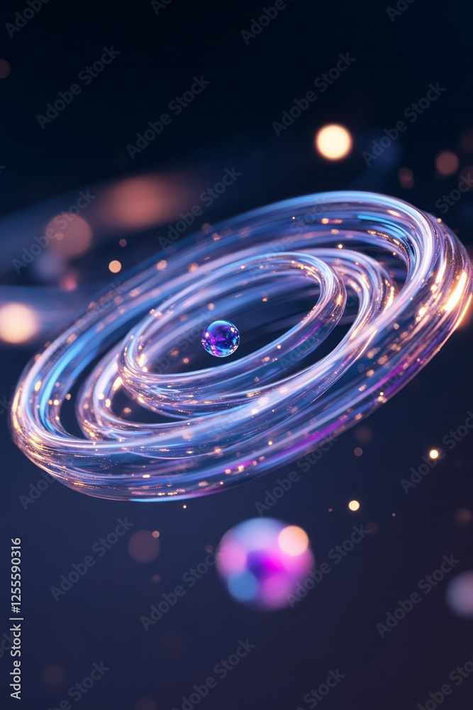 Poster A layered, transparent atom diagram with refractive orbits spiraling around gently pulsating