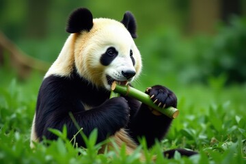 Fototapeta premium Large panda munching bamboo stalks, lush green setting, eating bamboo, hungry, giant panda