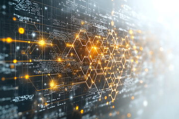 An abstract digital banner featuring a data connection theme in white and yellow colors