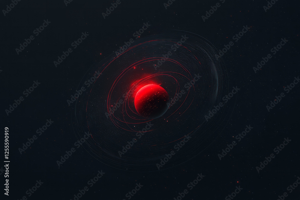 Poster A futuristic atom-like model with a vivid red core and transparent orbits, glowing against a dark,
