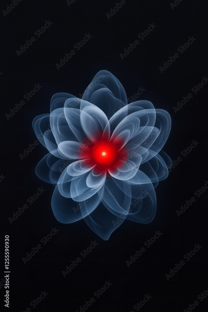 Poster a bold rendition of an atom-inspired structure featuring a radiant red nucleus, encircled by