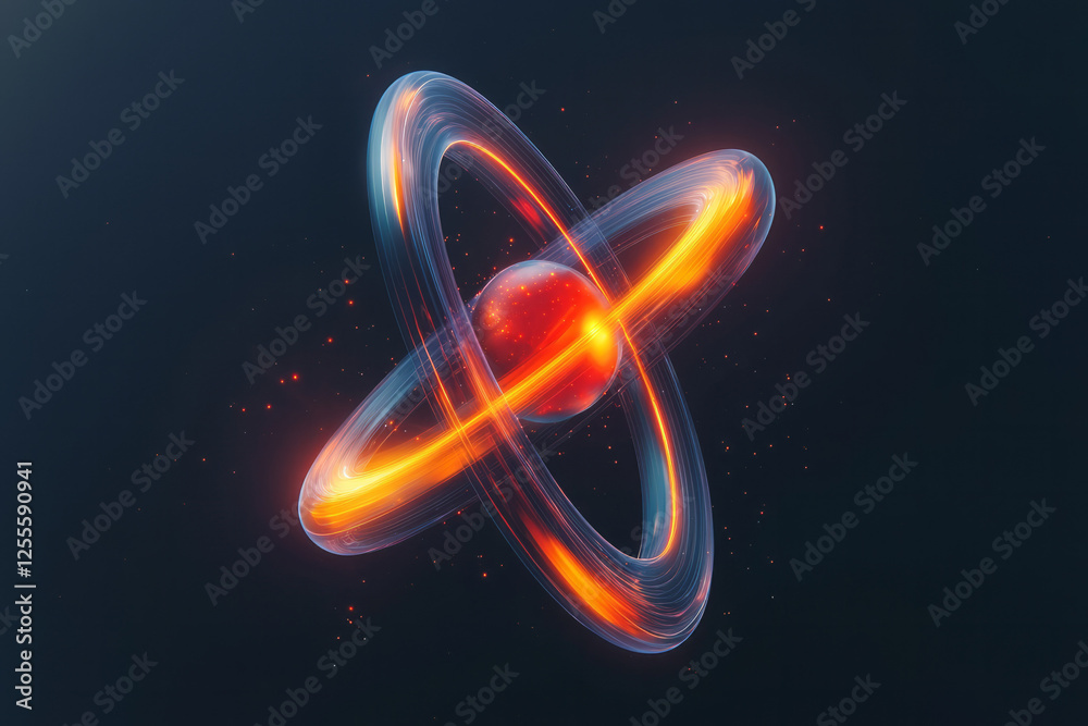 Aufkleber a futuristic atom-like model with a vivid red core and transparent orbits, glowing against a dark,