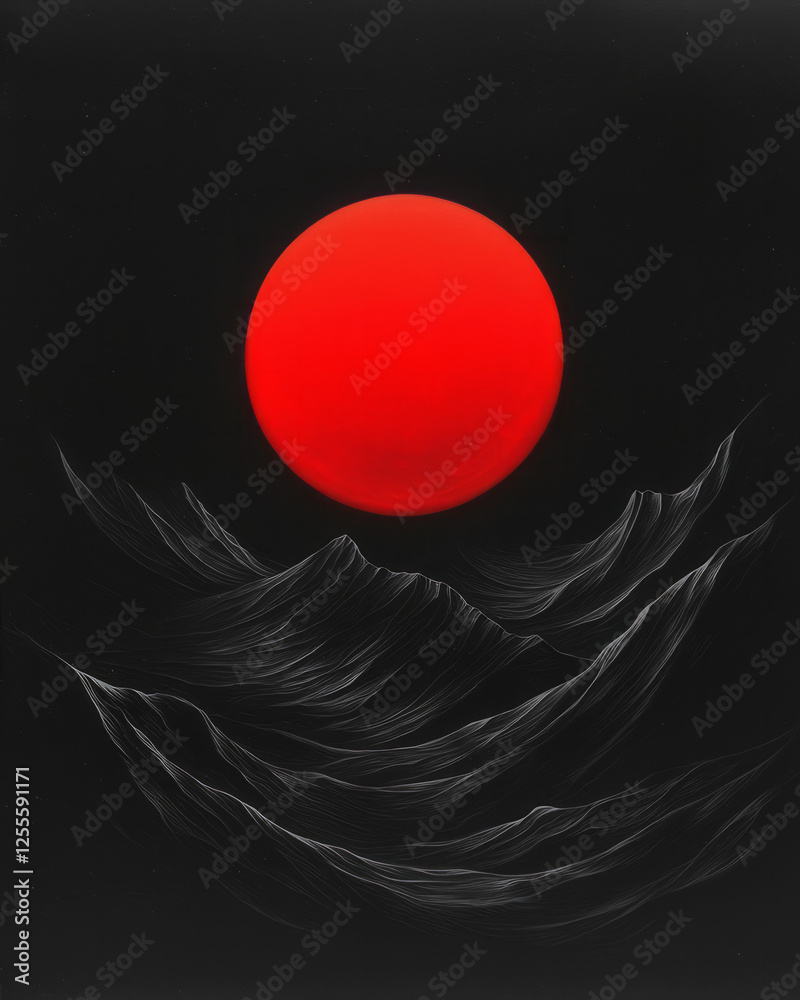 Aufkleber a minimal composition where a fiery red spherical core shines intensely, framed by delicate,
