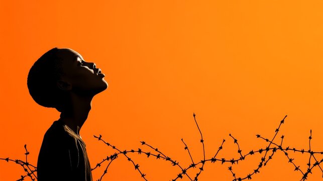 Silhouette of a person with barbed wire against an orange background symbolizing freedom and resilience