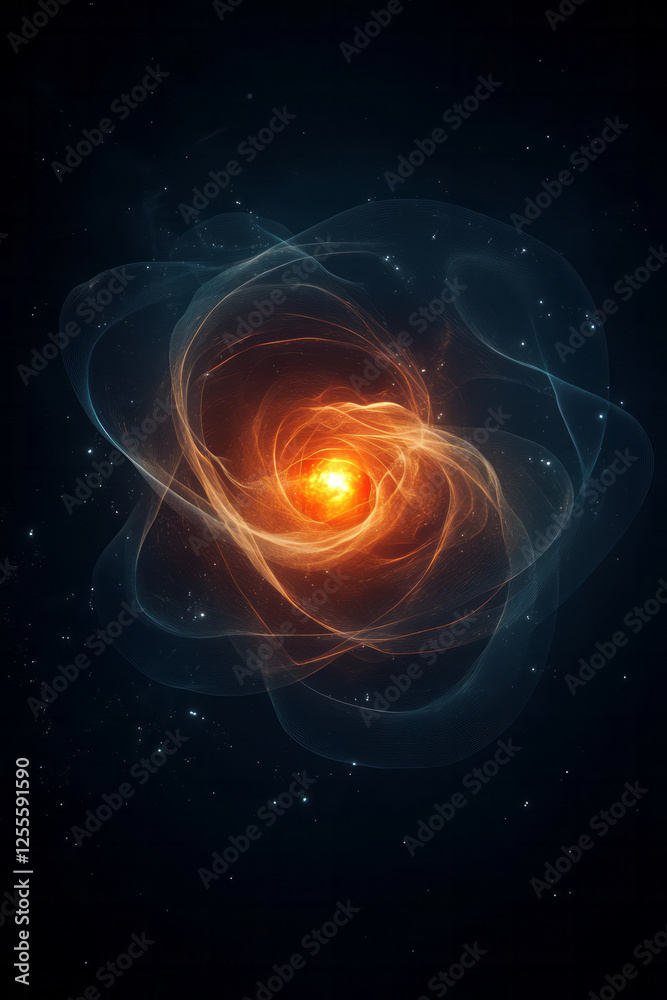Poster A stylized diagram of an atom-like pattern with a blazing red node at its center and swirling