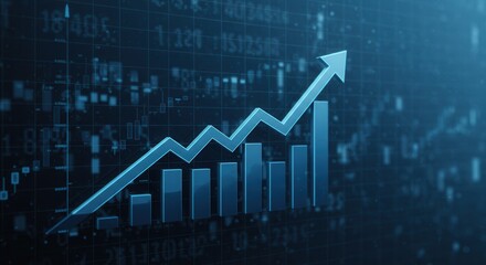 Front view of modern growing financial graph with rising up arrow on dark blue background. Investing, trading and stock market concept. 3D Rendering