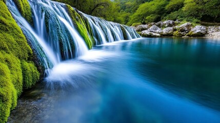 Obraz premium A tranquil cascading waterfall flows over mossy rocks into a clear, turquoise pool. The water is in motion, with a soft, blurred effect, highlighting