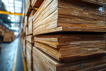 Fototapeta premium Stacked wooden boards organized neatly in warehouse