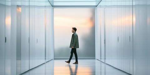 Professional man walking through a sleek modern corridor with a minimalist design