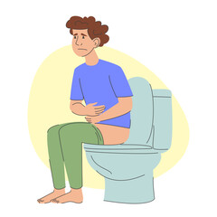 Man sitting on toilet and suffering from diarrhea vector isolated. Pain in belly. Male person with abdominal pain. Stomach ache. Character with constipation.