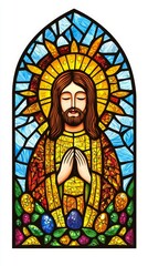 Fototapeta premium Christ prayer eternity. A beautifully designed stained glass window depicting Jesus with a serene expression, surrounded by vibrant colors and intricate details.