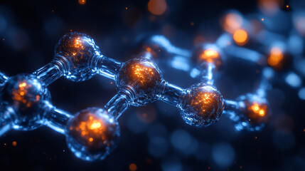 Molecular structure of benzene with glowing atoms and connections