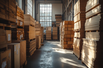 Neatly arranged stacks of hardwood in spacious warehouse